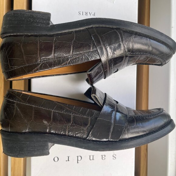 Sandro Shoes - Sandro Dark Brown Croc-Embossed Leather Penny Loafers